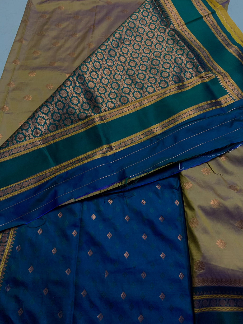 Teal Green & Mustard Gold Narayanpeth Saree with Floral Brocade & Zari Border