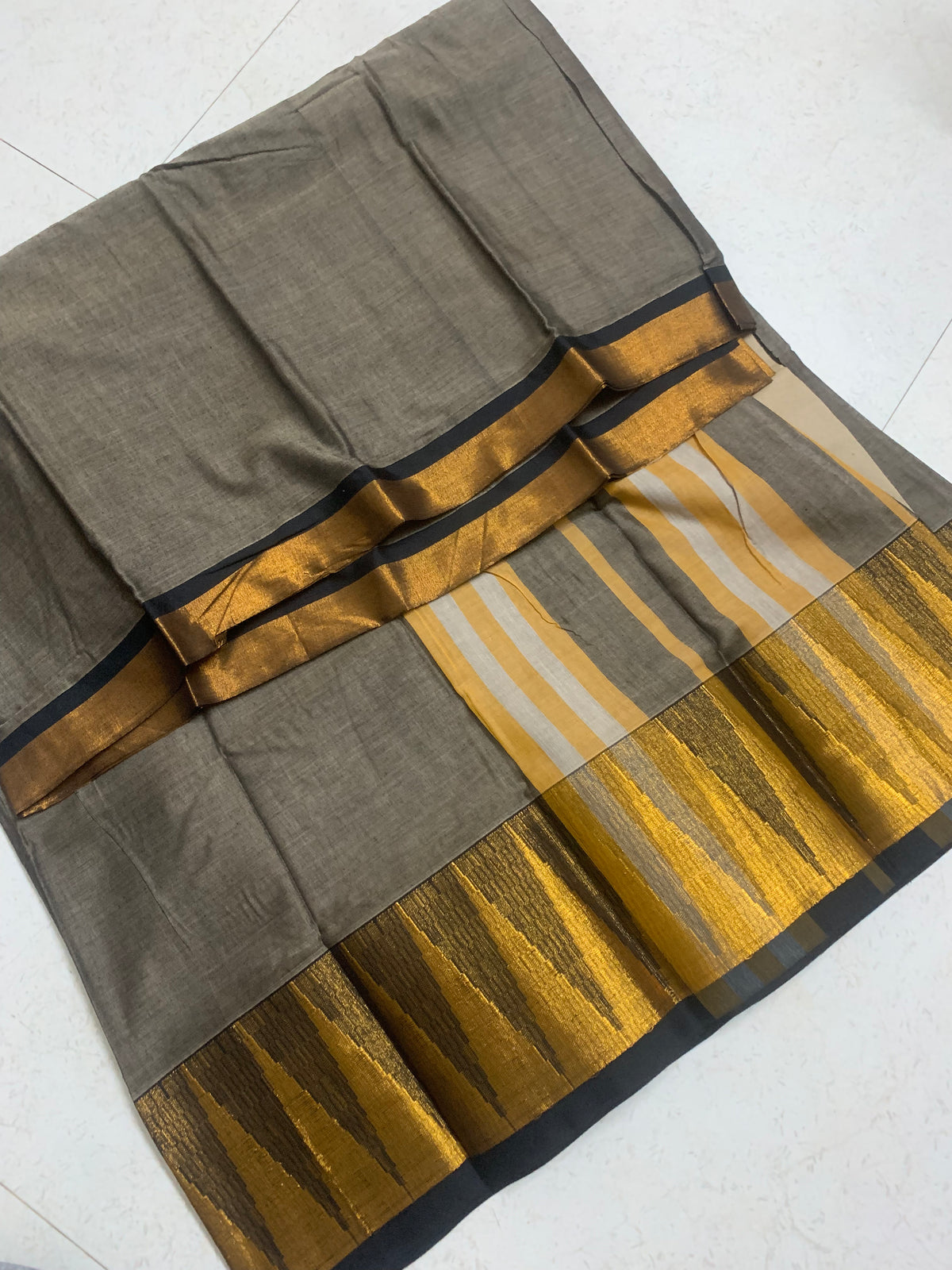Grey Irikal Saree with Black & Gold Woven Border and Striped Pallu