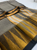 Grey Irikal Saree with Black & Gold Woven Border and Striped Pallu