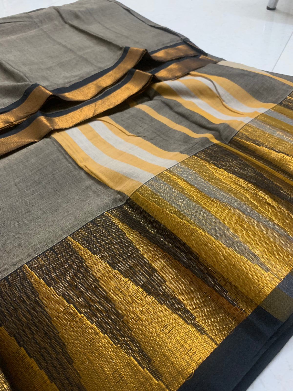 Grey Irikal Saree with Black & Gold Woven Border and Striped Pallu