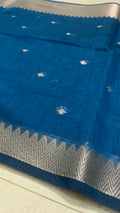 Blue & Magenta Maheshwari Saree with Silver Zari Border & Woven Butti Motifs