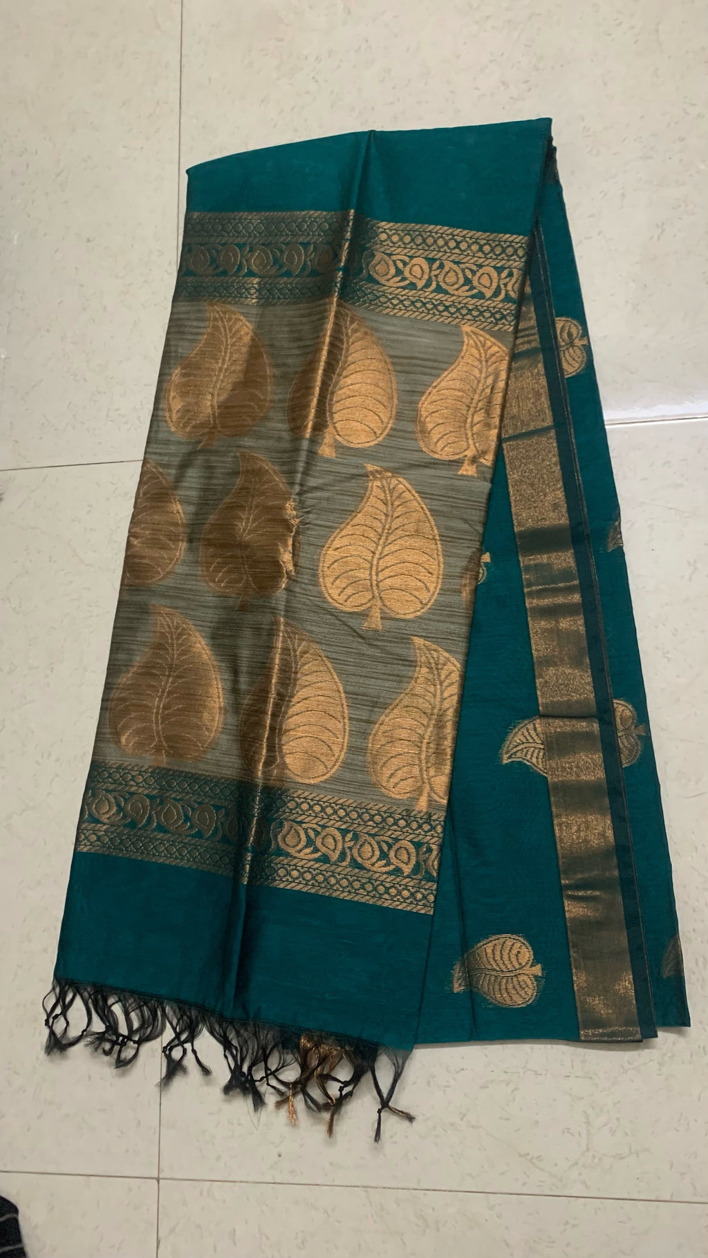 Teal Maheshwari Saree with Gold Paisley Motifs & Woven Border