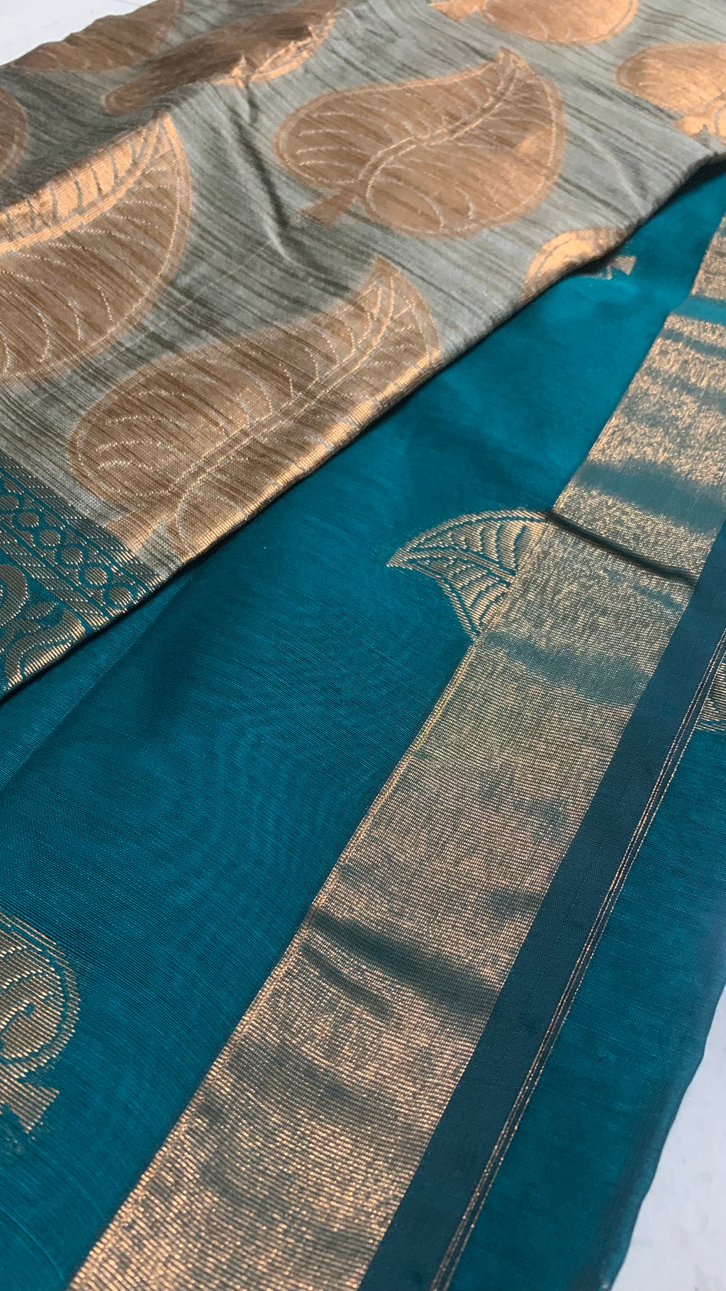 Teal Maheshwari Saree with Gold Paisley Motifs & Woven Border