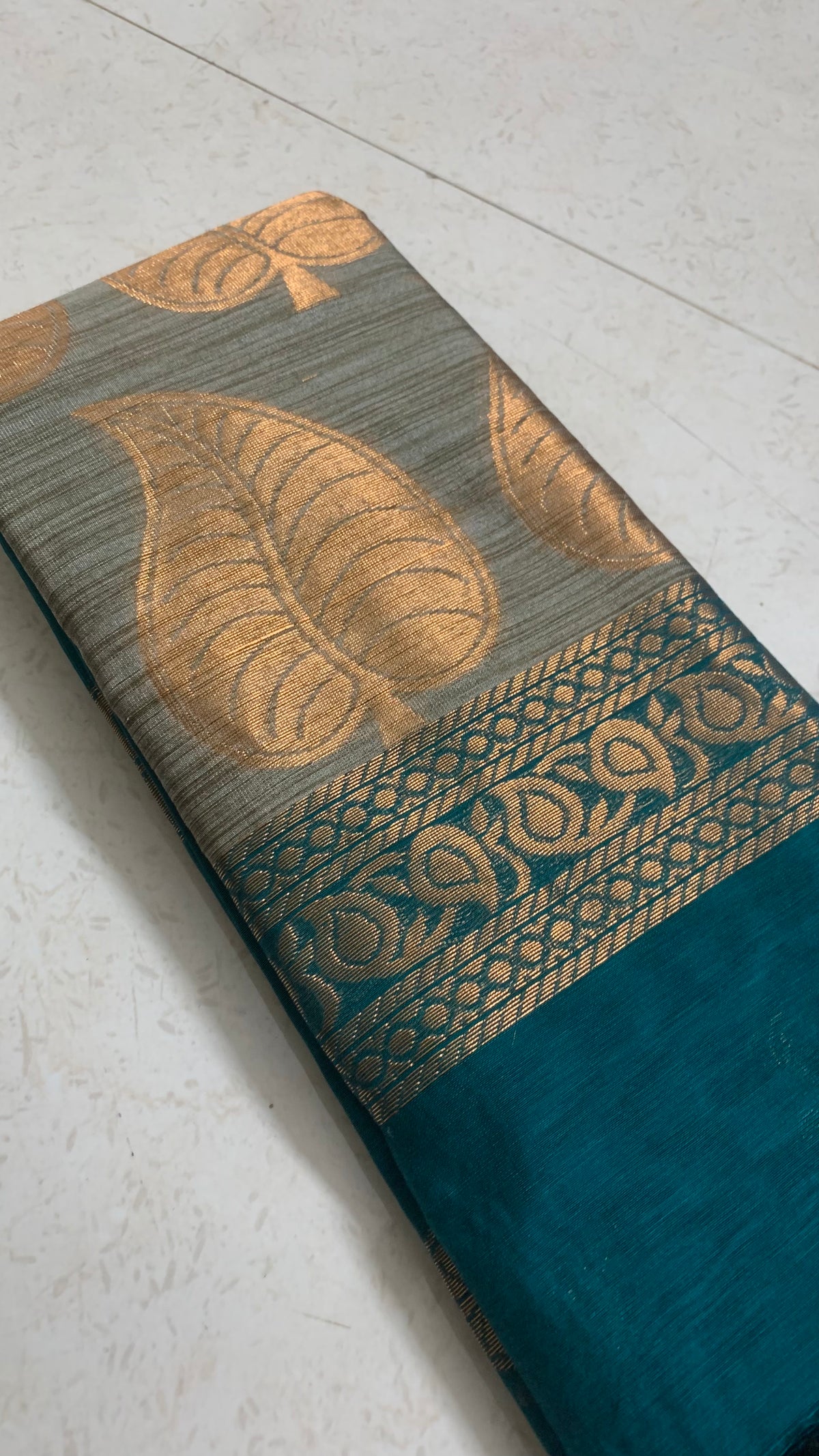 Teal Maheshwari Saree with Gold Paisley Motifs & Woven Border