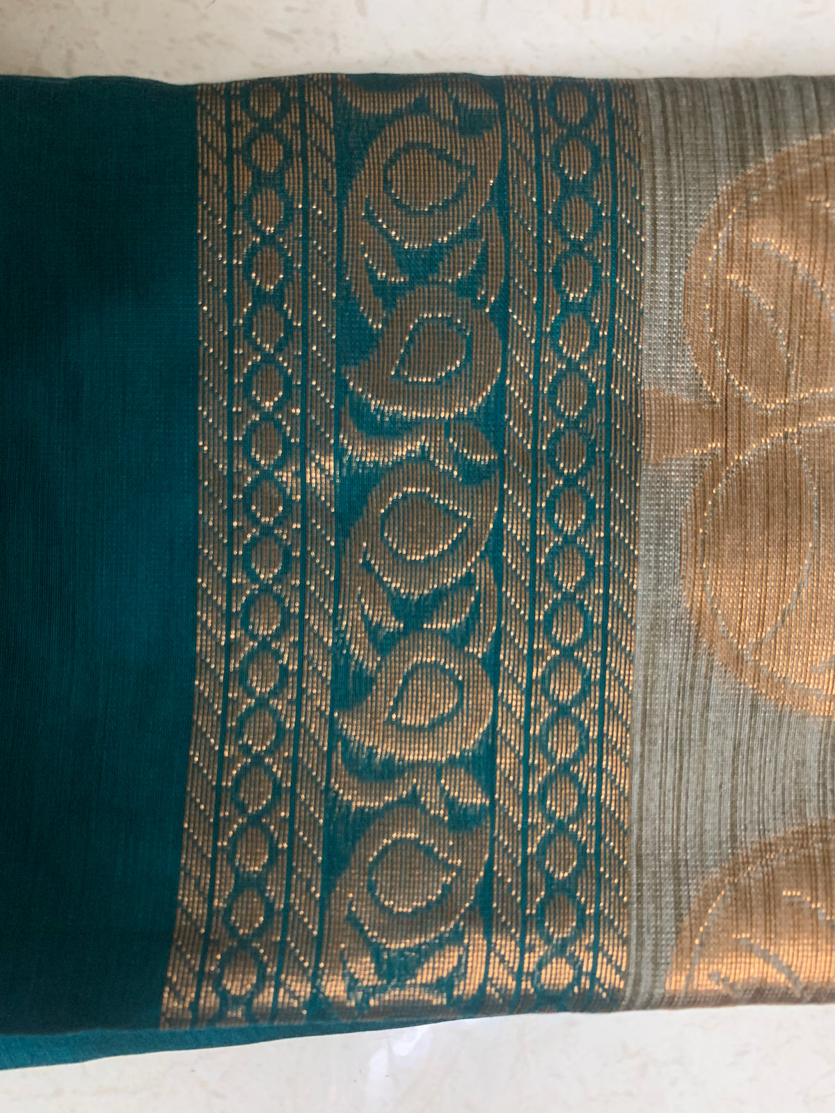 Teal Maheshwari Saree with Gold Paisley Motifs & Woven Border