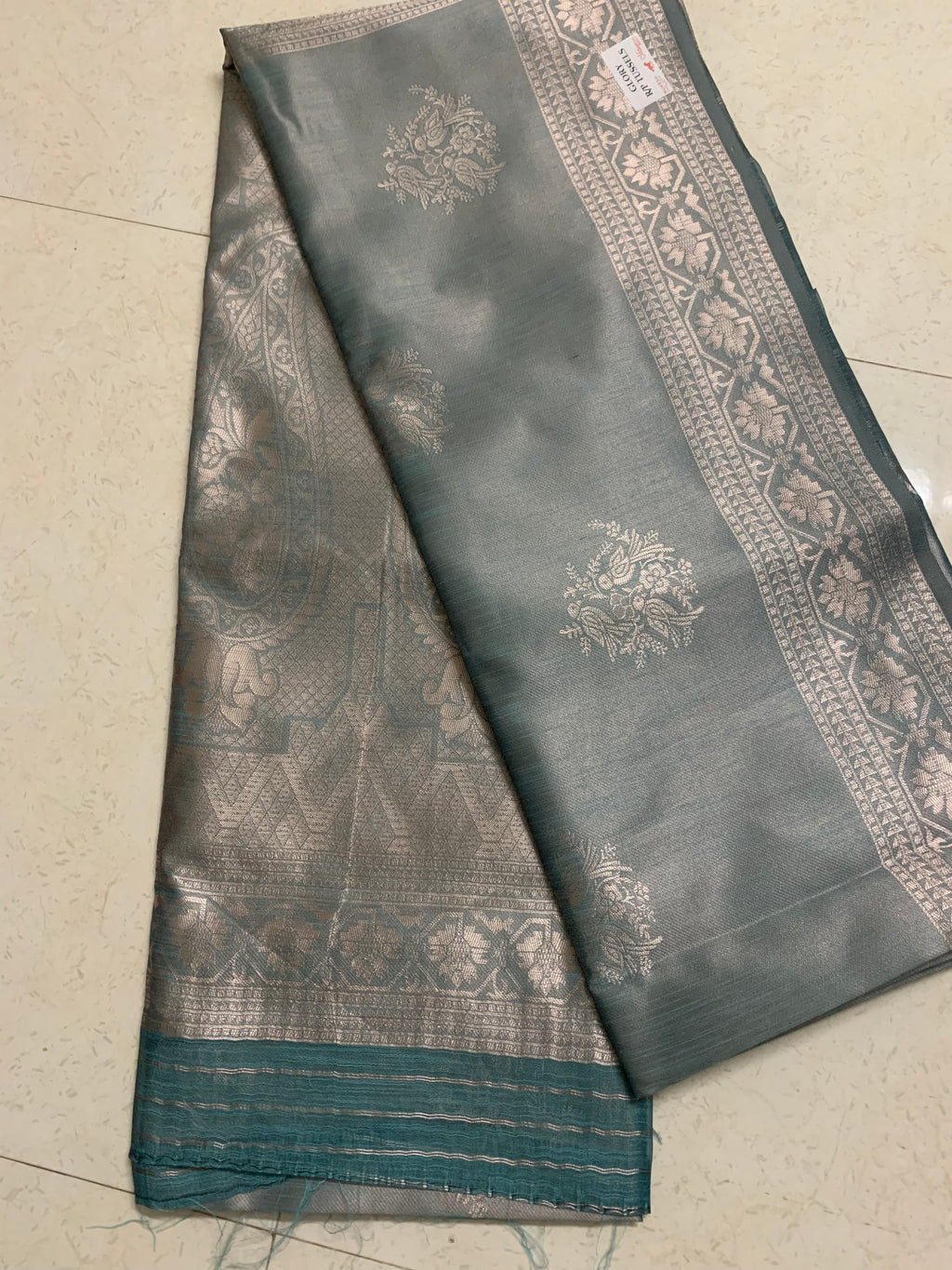Teal Grey Kathpadar Saree with Silver Floral Border & Paisley Pallu