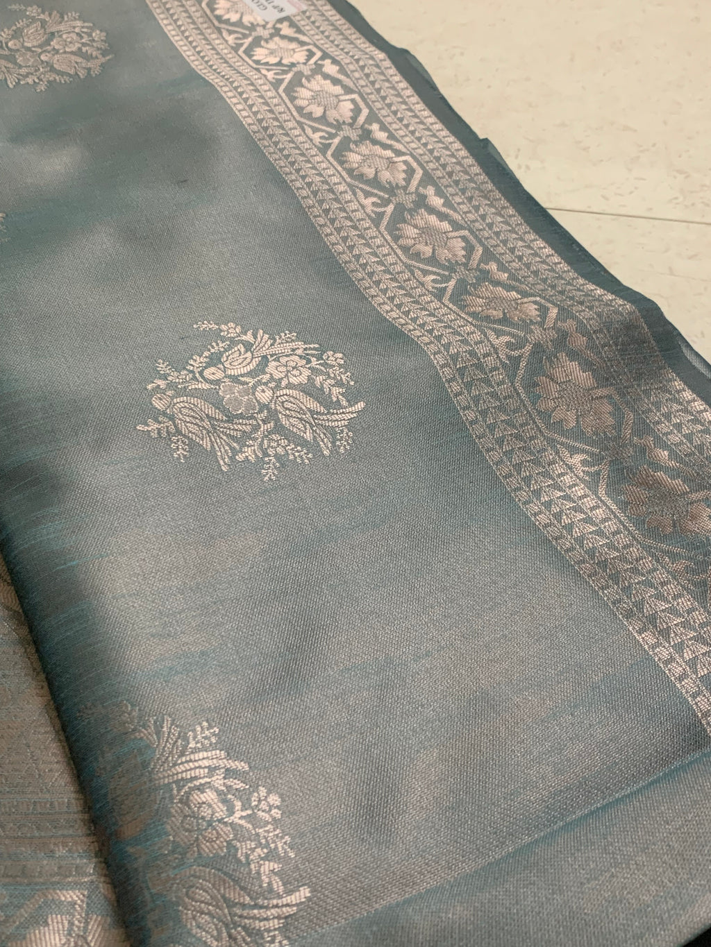 Teal Grey Kathpadar Saree with Silver Floral Border & Paisley Pallu