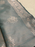 Teal Grey Kathpadar Saree with Silver Floral Border & Paisley Pallu