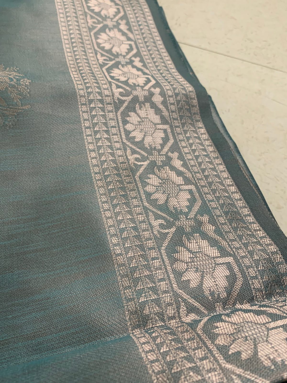 Teal Grey Kathpadar Saree with Silver Floral Border & Paisley Pallu