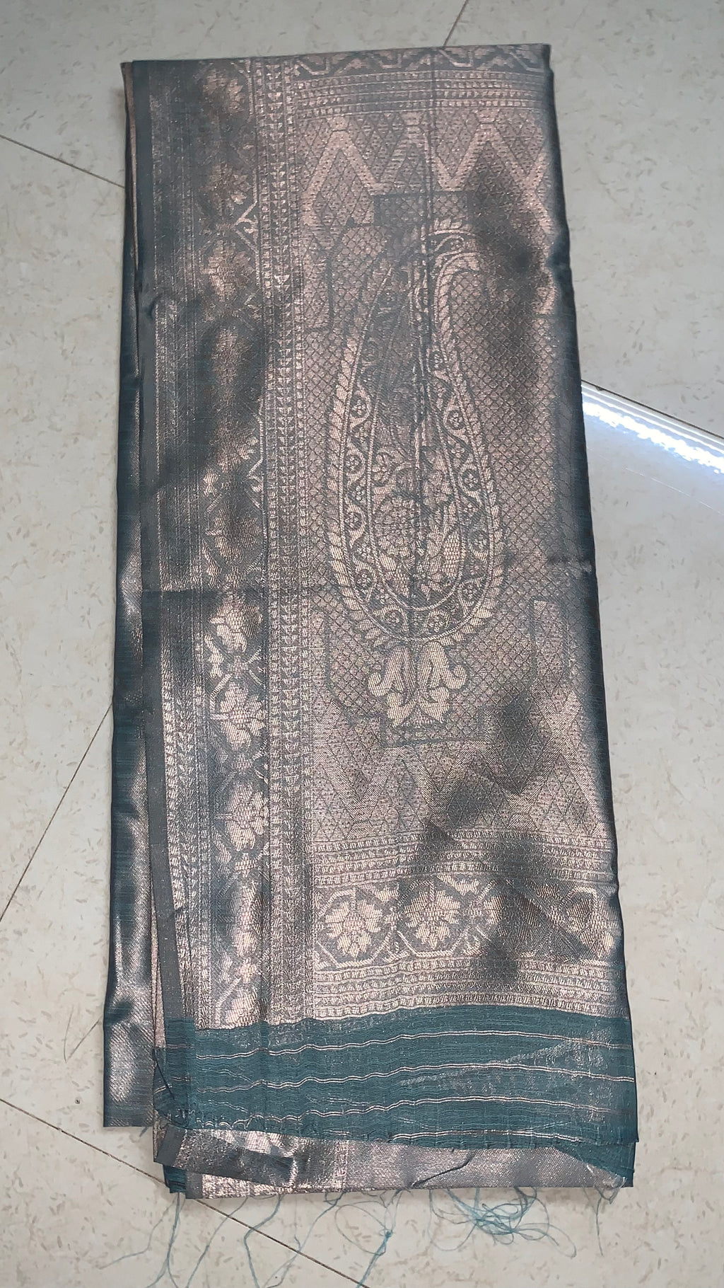 Teal Grey Kathpadar Saree with Silver Floral Border & Paisley Pallu