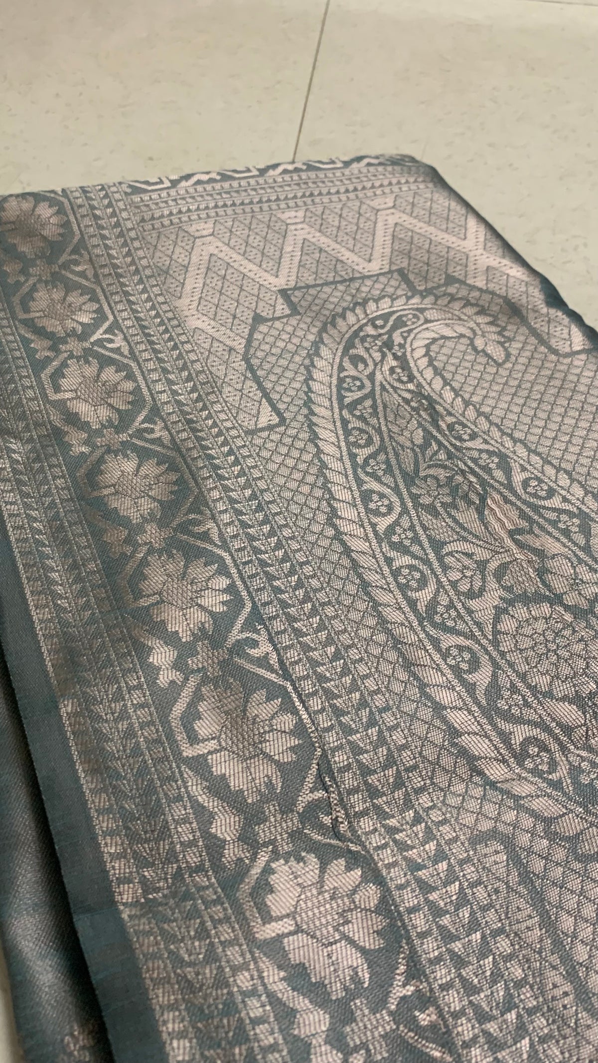 Teal Grey Kathpadar Saree with Silver Floral Border & Paisley Pallu