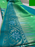 Green Silk Kathpadar Saree with Teal Blue Floral Woven Pallu & Gold Motifs