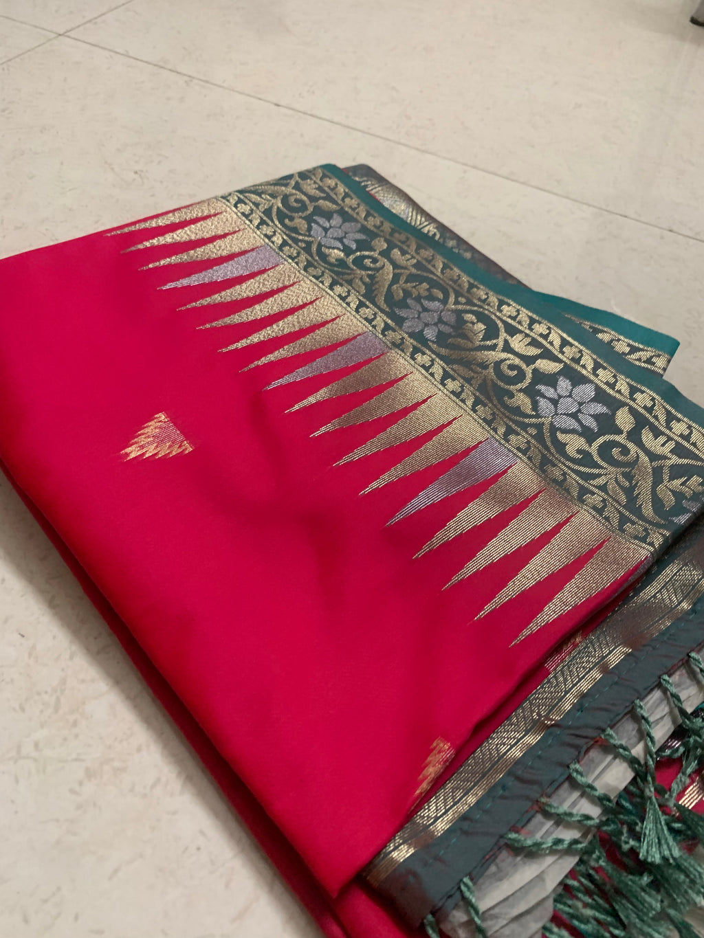 Pink Silk Kathpadar Saree with Gold Motifs & Teal Floral Woven Pallu