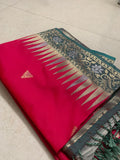 Pink Silk Kathpadar Saree with Gold Motifs & Teal Floral Woven Pallu
