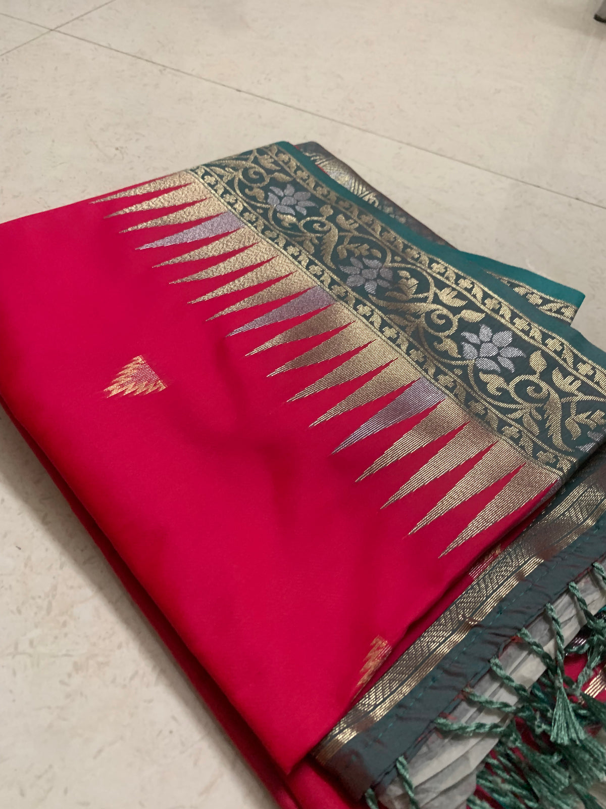 Pink Silk Kathpadar Saree with Gold Motifs & Teal Floral Woven Pallu