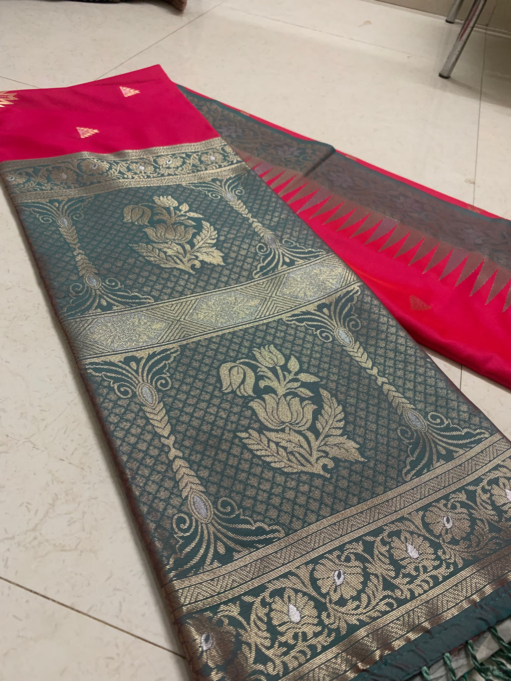 Pink Silk Kathpadar Saree with Gold Motifs & Teal Floral Woven Pallu