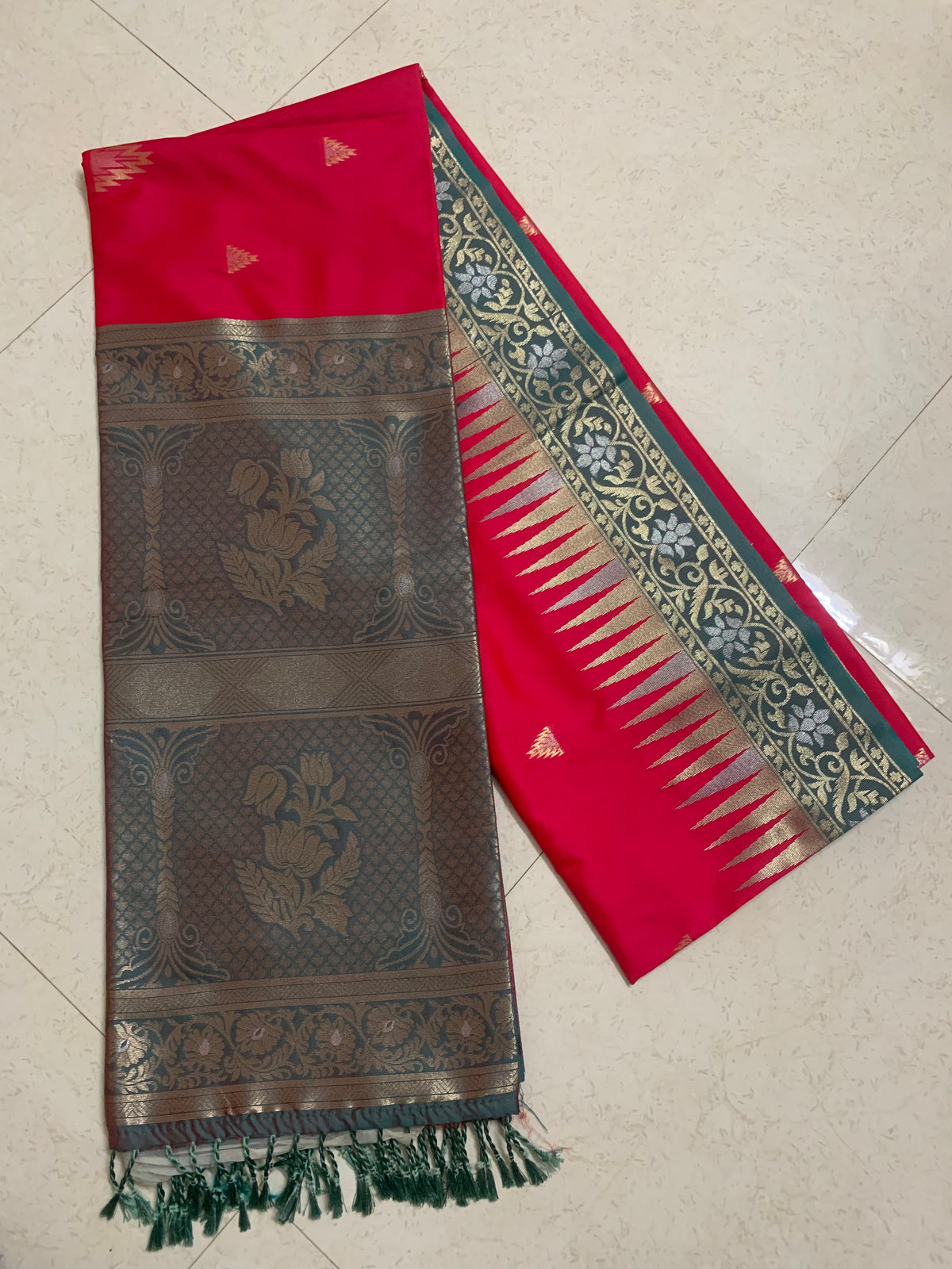 Pink Silk Kathpadar Saree with Gold Motifs & Teal Floral Woven Pallu