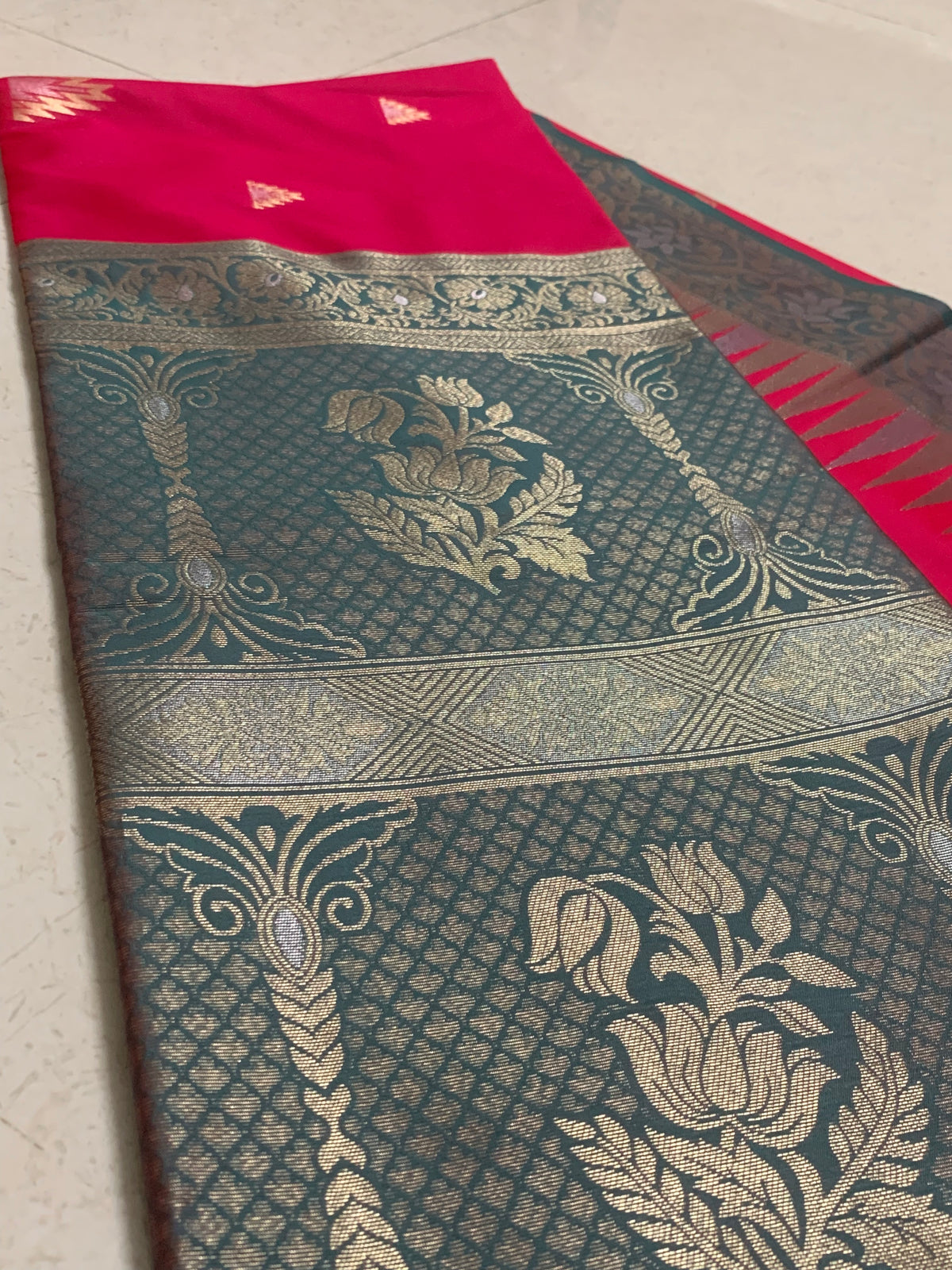 Pink Silk Kathpadar Saree with Gold Motifs & Teal Floral Woven Pallu