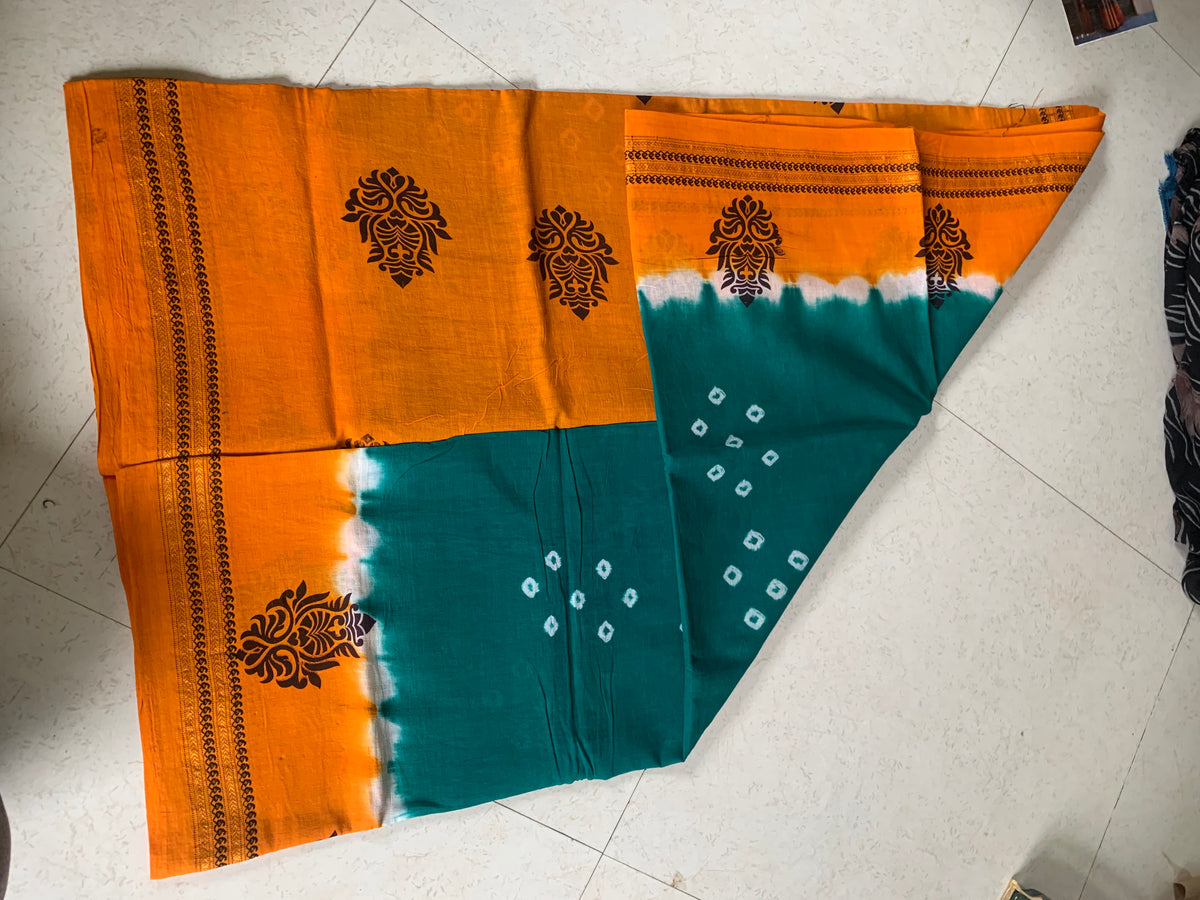 Burnt Orange & Teal Bandhani Saree with Tie-Dye Effect & Floral Motifs