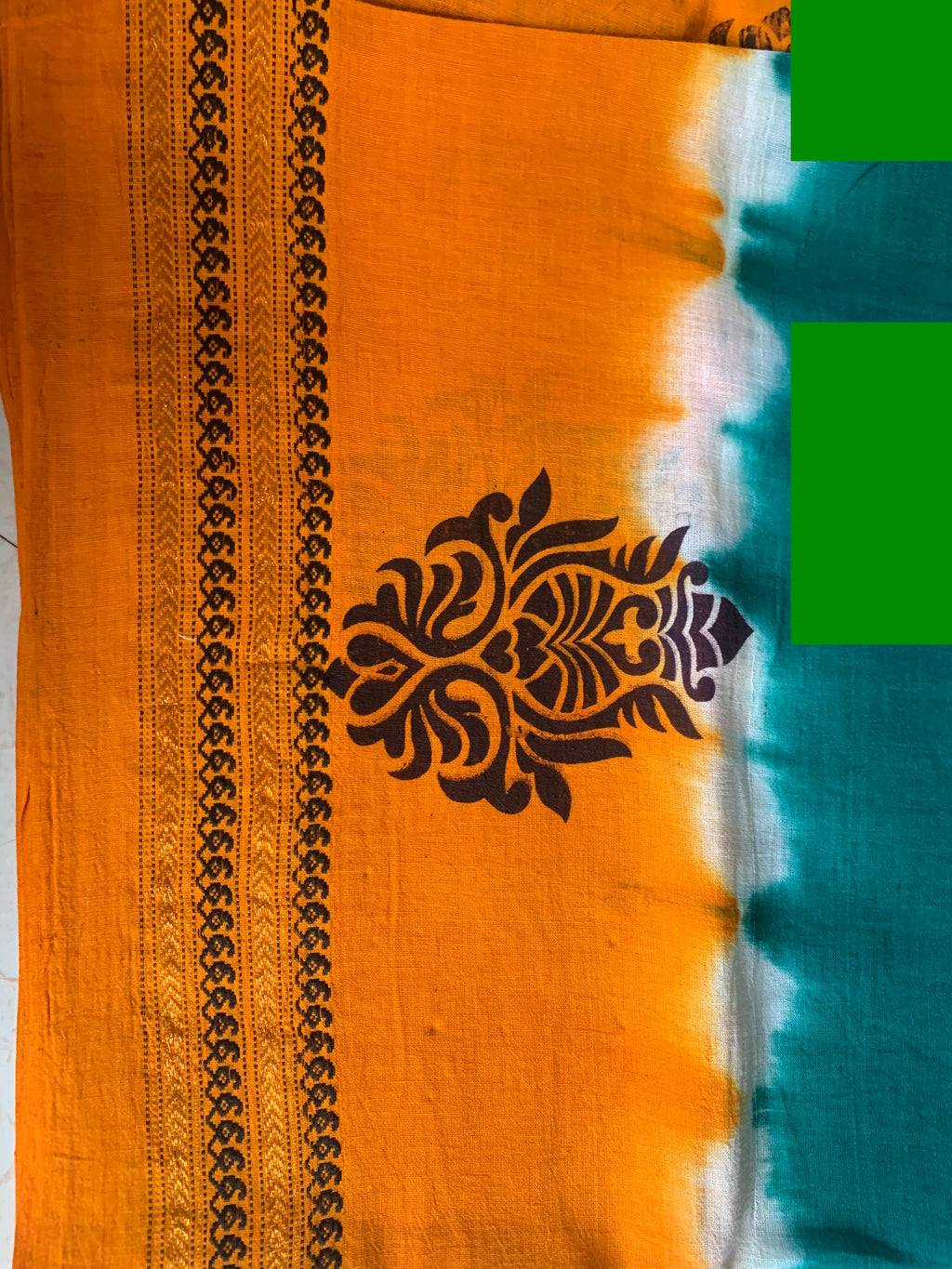Burnt Orange & Teal Bandhani Saree with Tie-Dye Effect & Floral Motifs