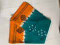 Burnt Orange & Teal Bandhani Saree with Tie-Dye Effect & Floral Motifs