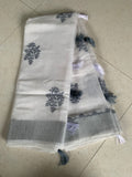 White Linen Saree with Silver-Grey Botanical Embroidery & Tassel Border