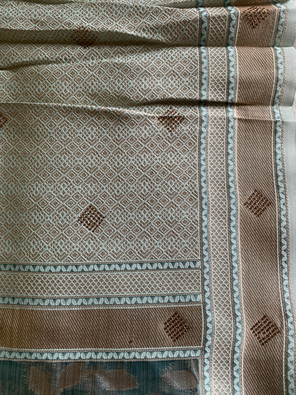 Teal Organza designer Saree with Gold Botanical Vines, Embellished Flowers & Tassels
