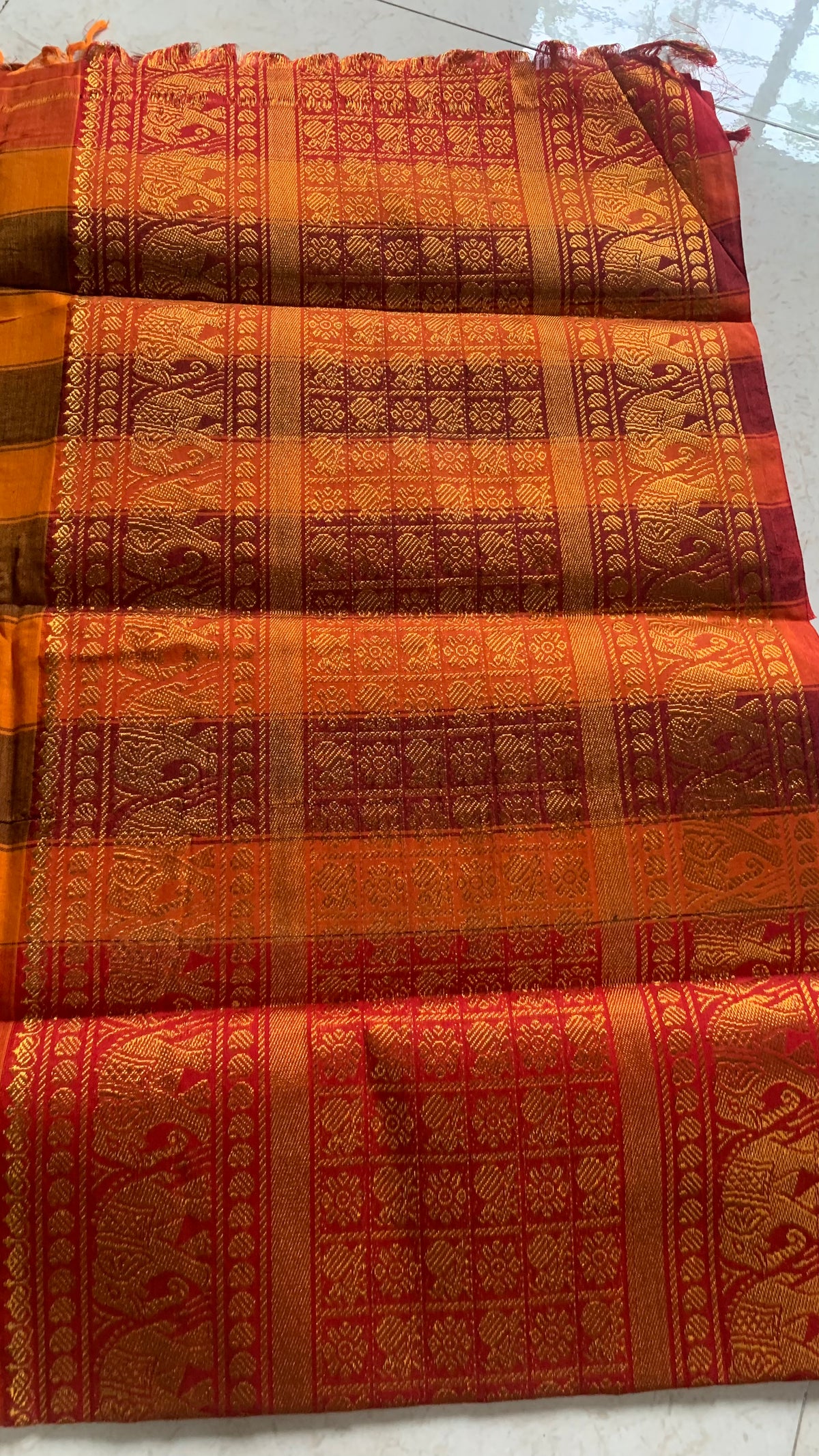 Burnt Orange Irikal  Saree with Maroon Checks & Intricate Woven Motifs