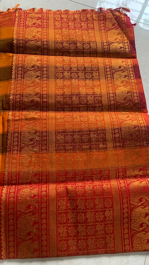 Burnt Orange Irikal  Saree with Maroon Checks & Intricate Woven Motifs