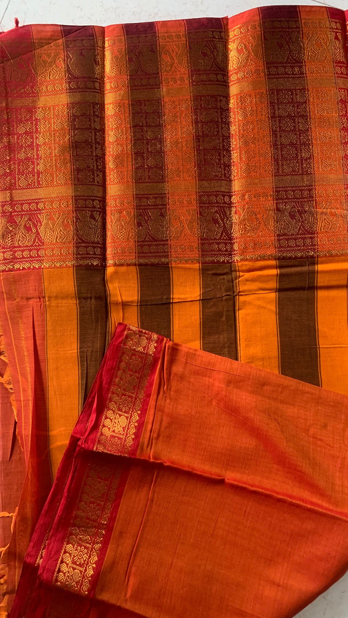 Burnt Orange Irikal  Saree with Maroon Checks & Intricate Woven Motifs