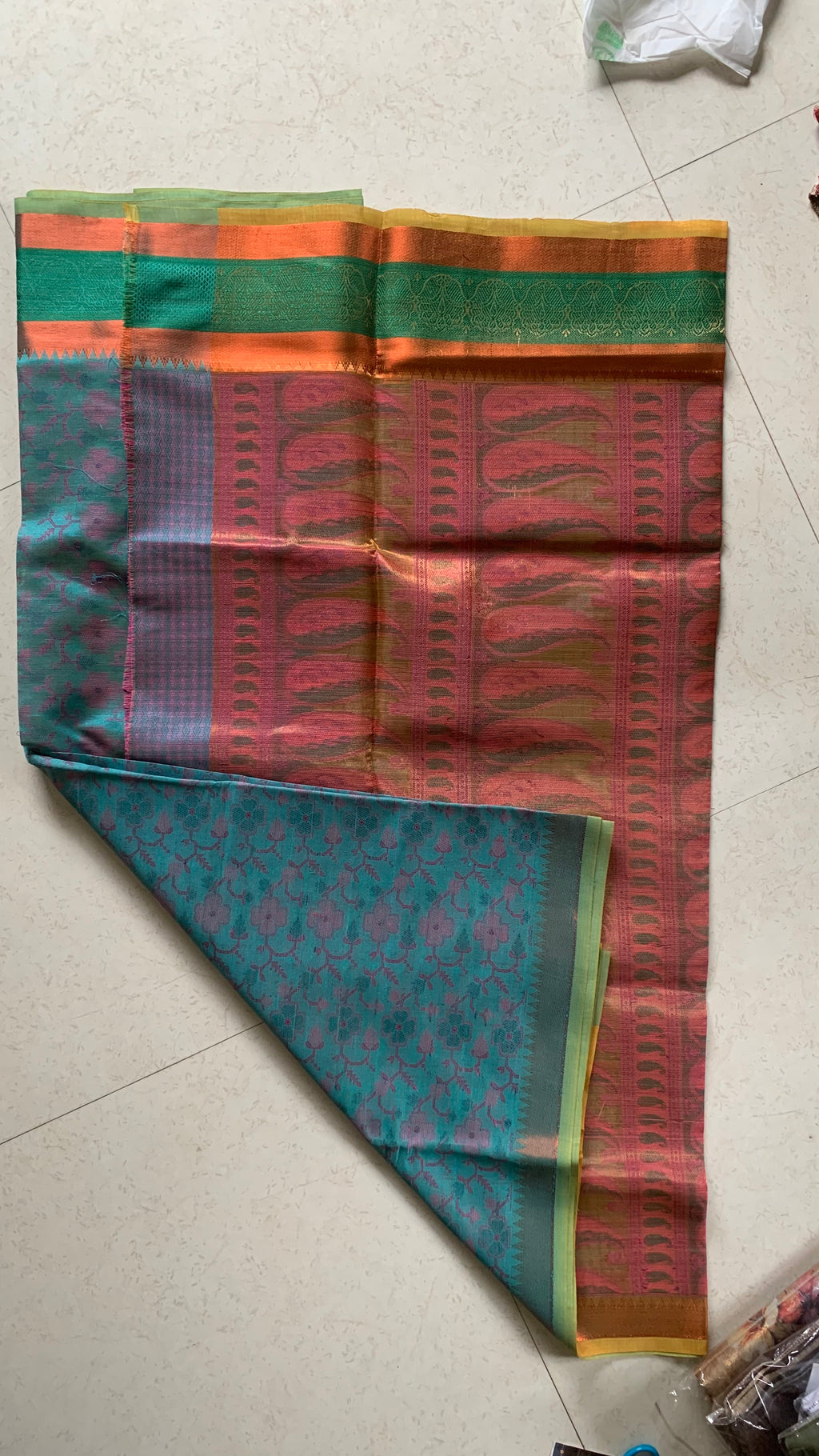 Teal Green Linen designer Saree with Pink Paisley Pallu & Floral Woven Motifs