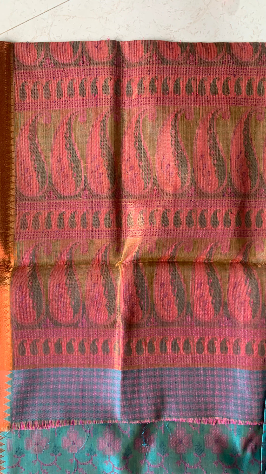Teal Green Linen designer Saree with Pink Paisley Pallu & Floral Woven Motifs