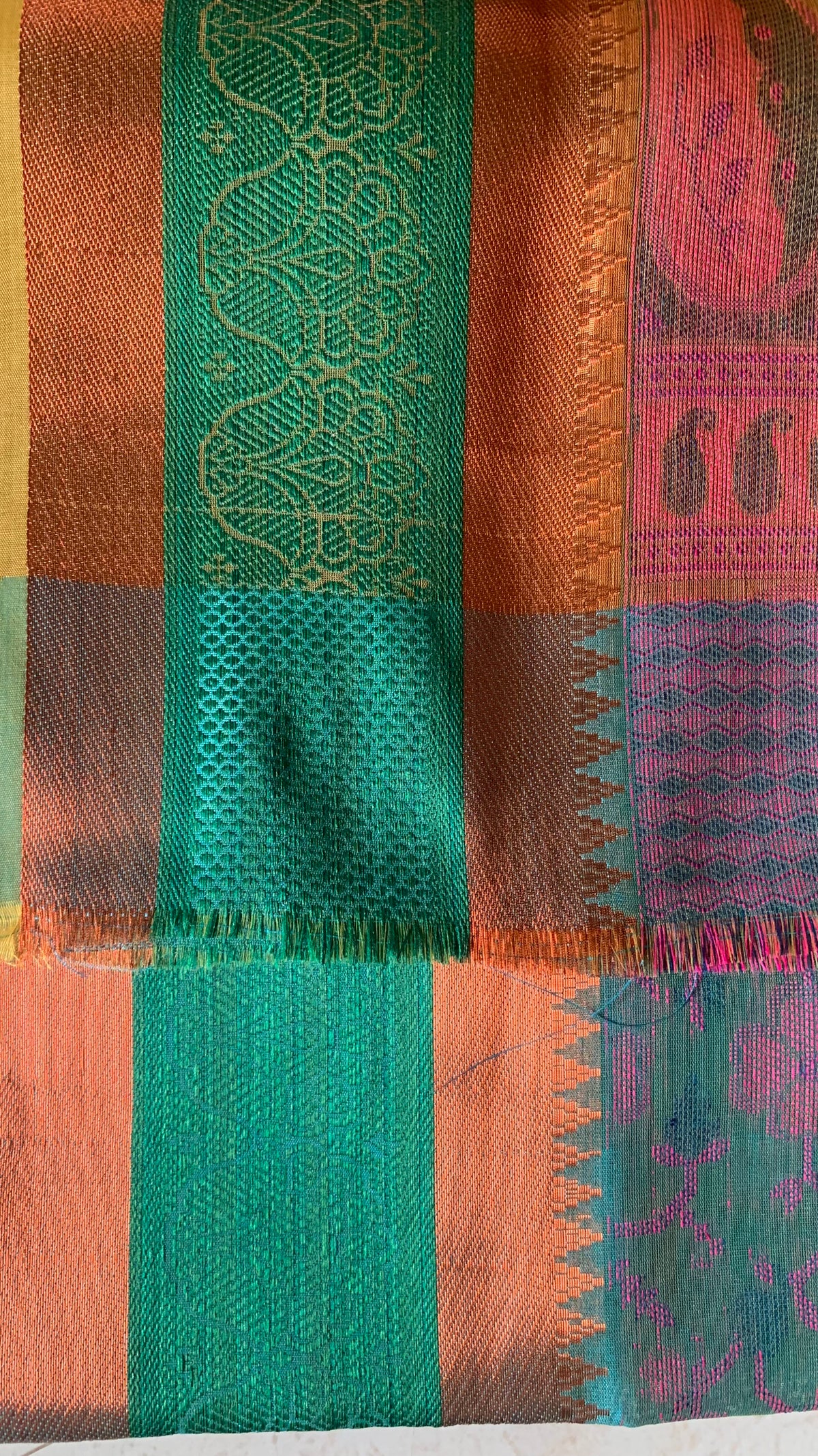 Teal Green Linen designer Saree with Pink Paisley Pallu & Floral Woven Motifs