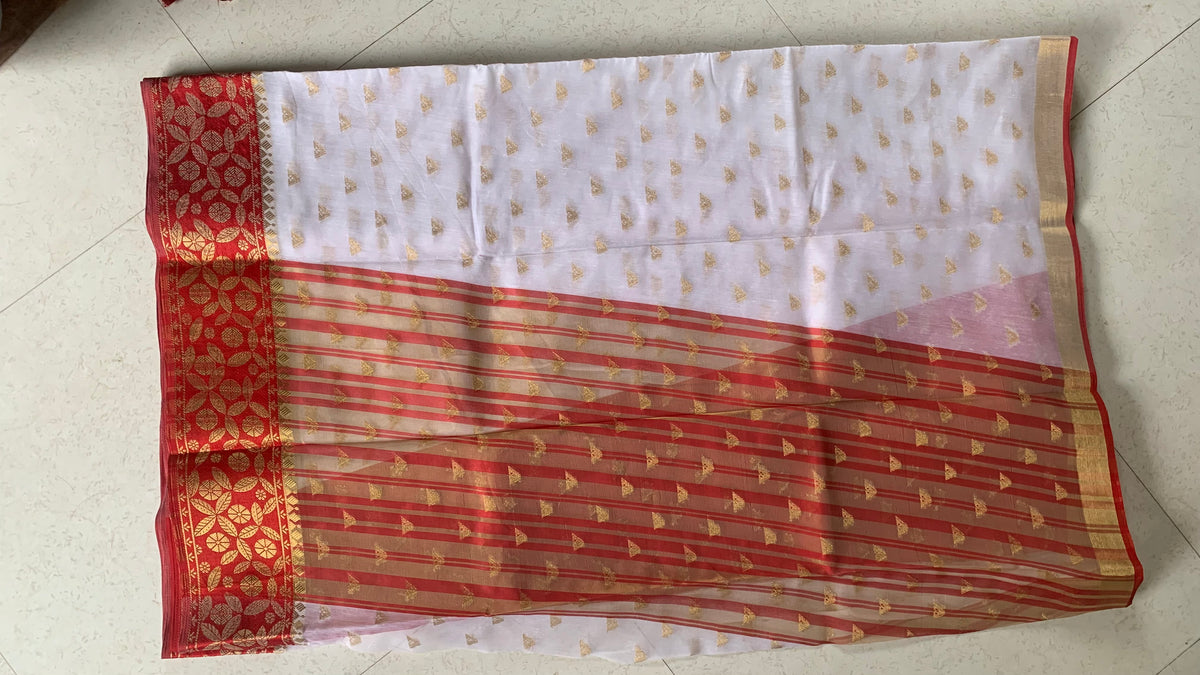Ivory & Red Kathpadar Saree with Gold Motifs and Floral Woven Border