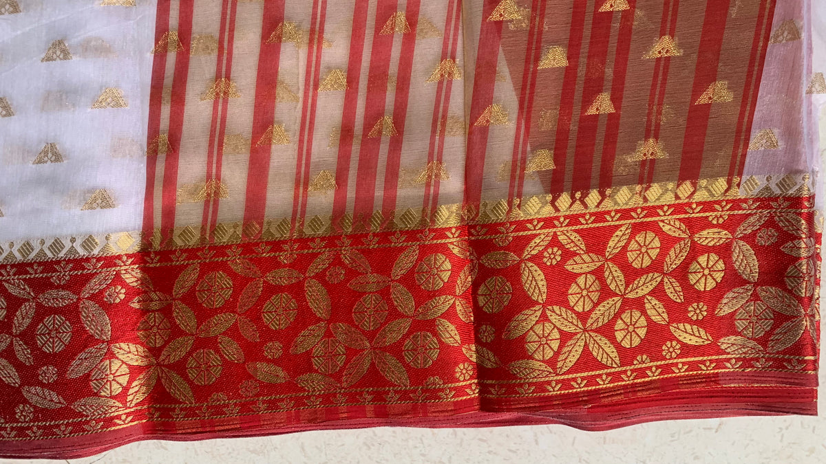 Ivory & Red Kathpadar Saree with Gold Motifs and Floral Woven Border