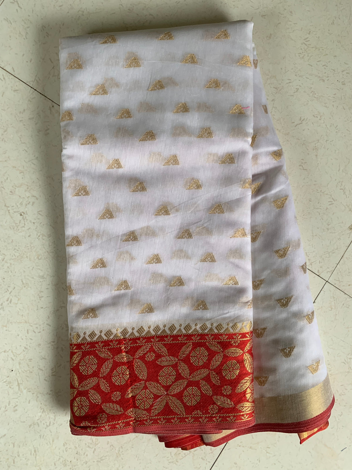 Ivory & Red Kathpadar Saree with Gold Motifs and Floral Woven Border