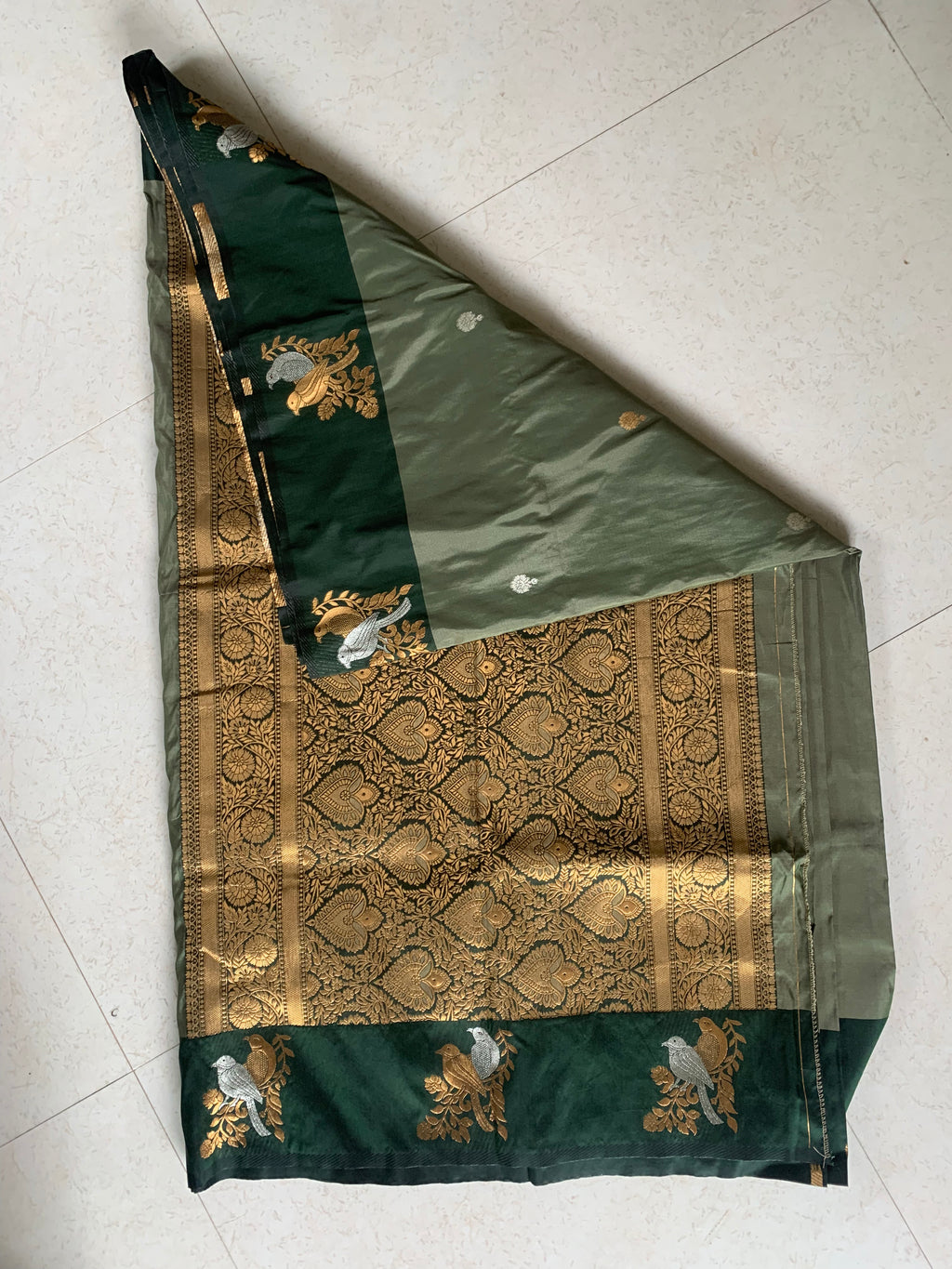 Deep Teal Green Kathpadar Saree with Gold Brocade & Ornamental Bird Motifs
