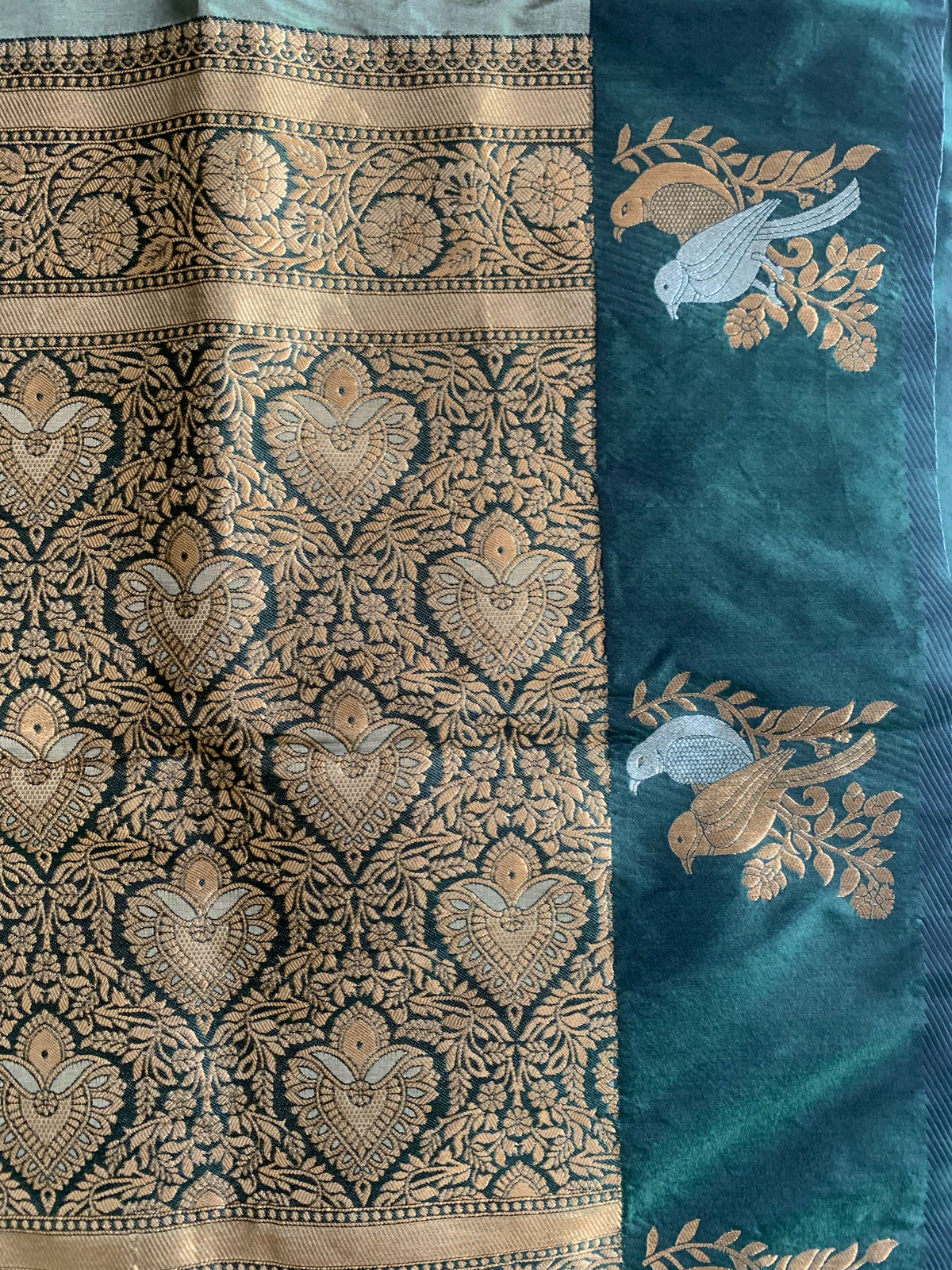 Deep Teal Green Kathpadar Saree with Gold Brocade & Ornamental Bird Motifs