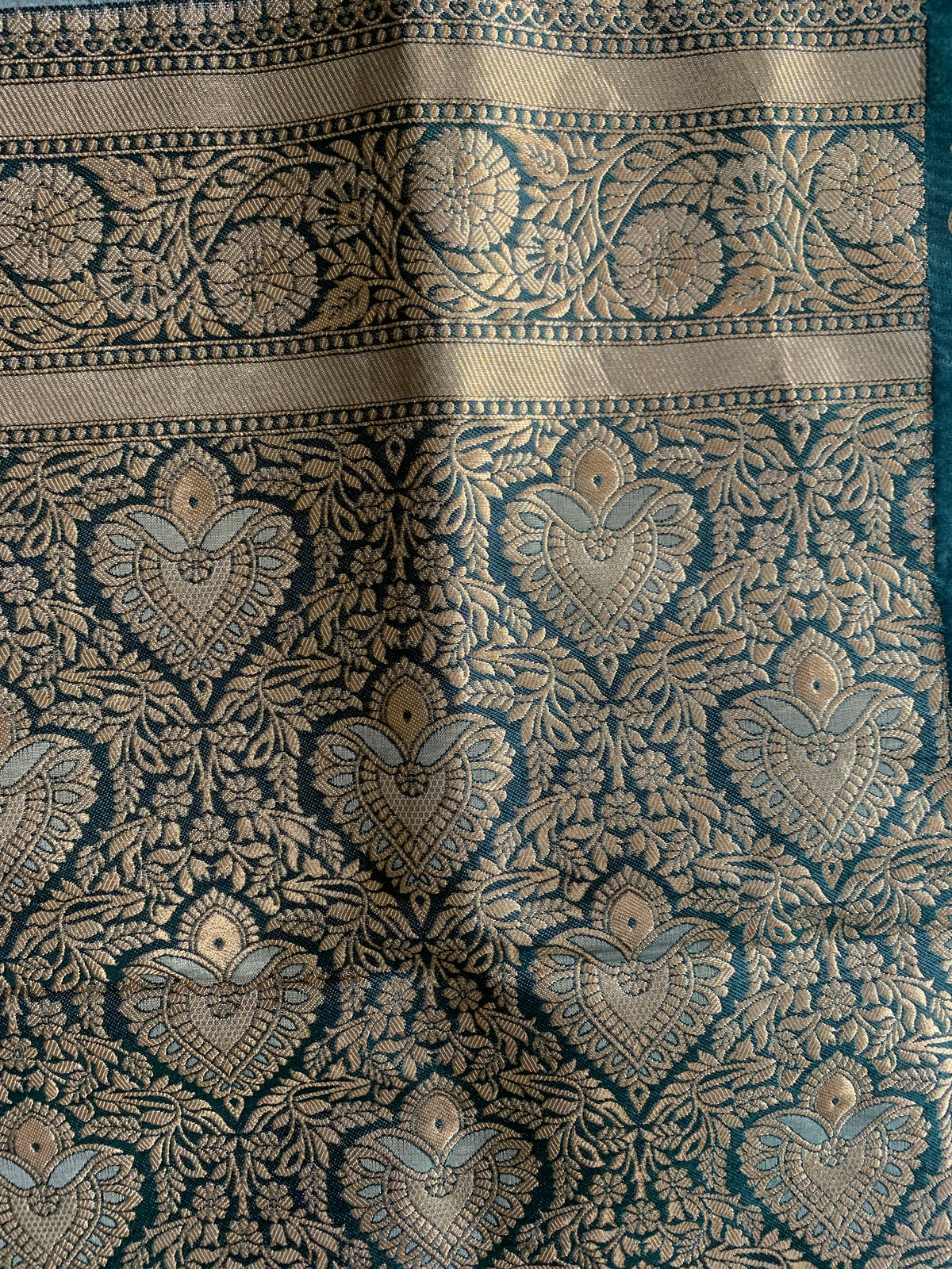 Deep Teal Green Kathpadar Saree with Gold Brocade & Ornamental Bird Motifs