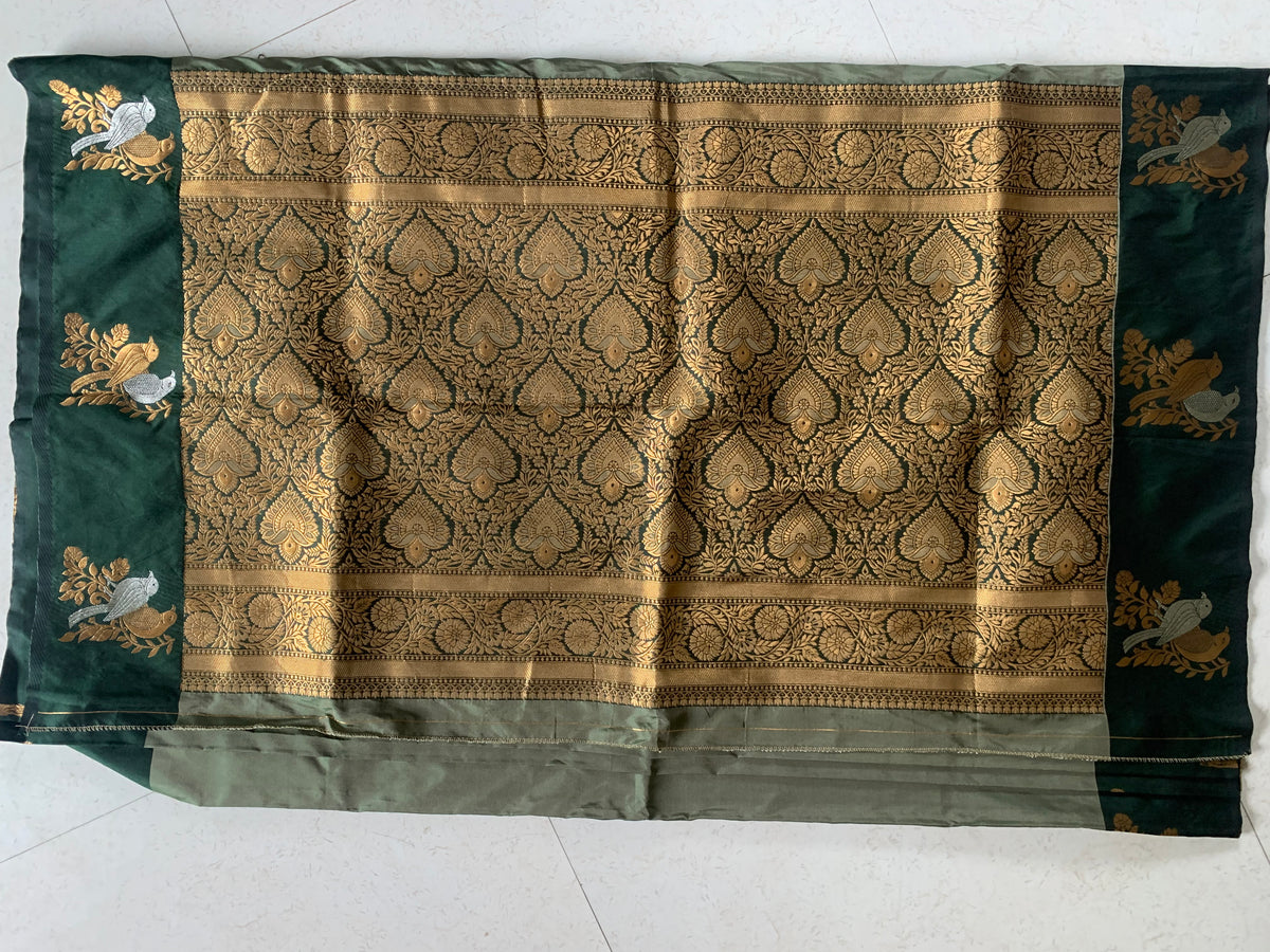 Deep Teal Green Kathpadar Saree with Gold Brocade & Ornamental Bird Motifs
