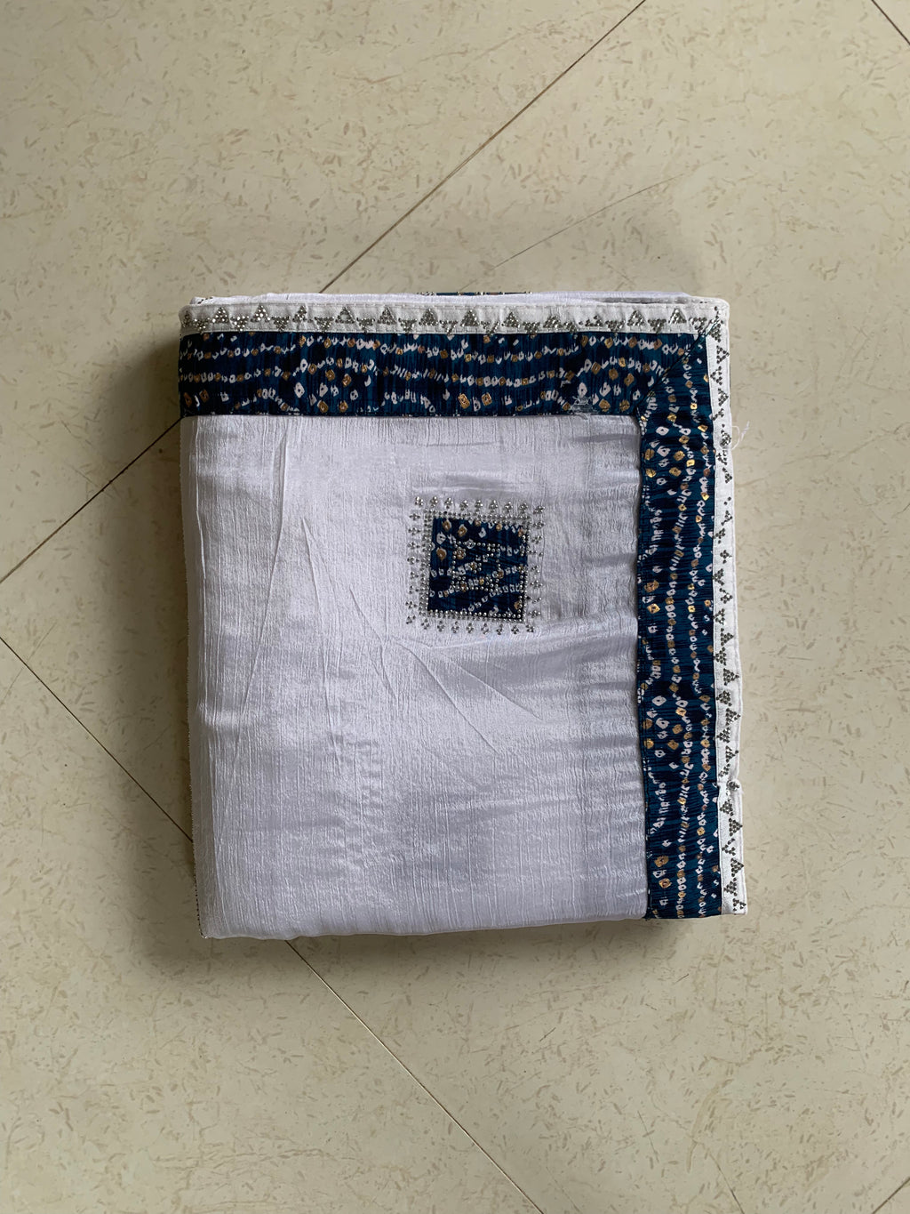 White Crush Designer Saree with Navy Blue Patterned Border