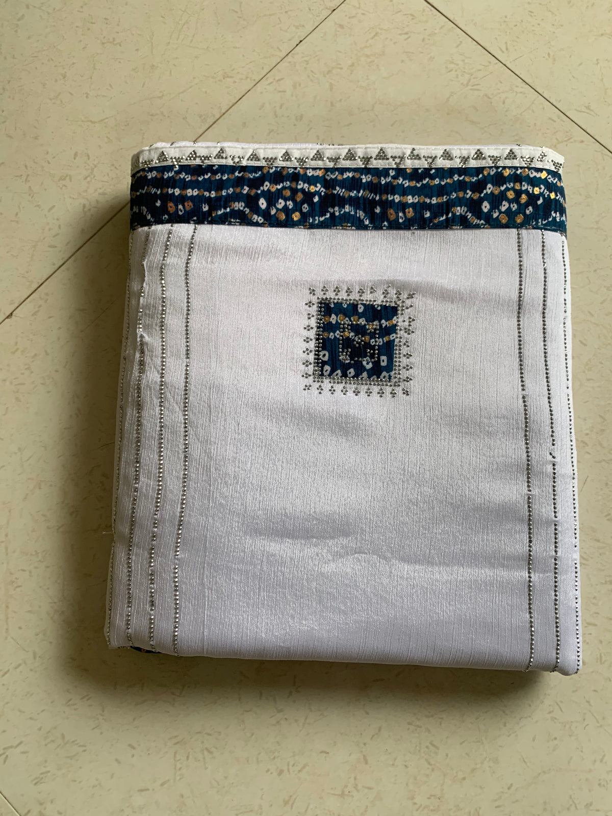 White Crush Designer Saree with Navy Blue Patterned Border