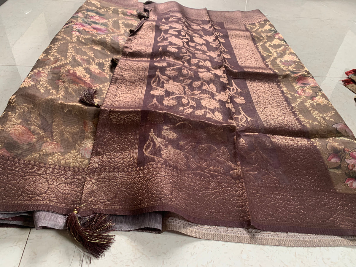 Brown Floral Organza Designer Saree with Woven Border & Tassel Detailing