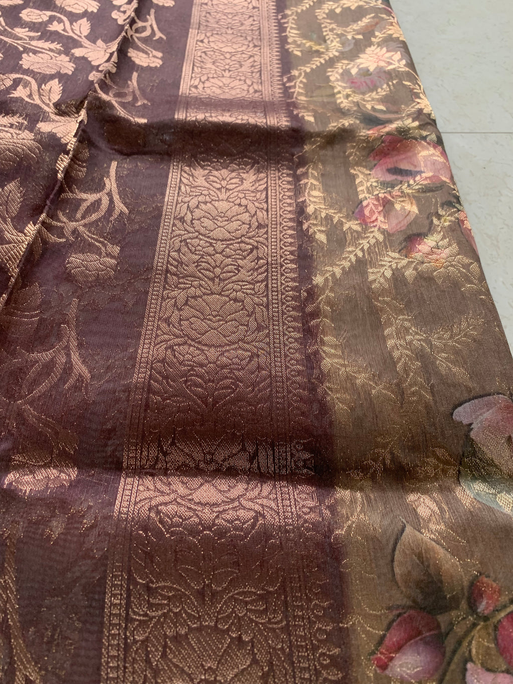 Brown Floral Organza Designer Saree with Woven Border & Tassel Detailing