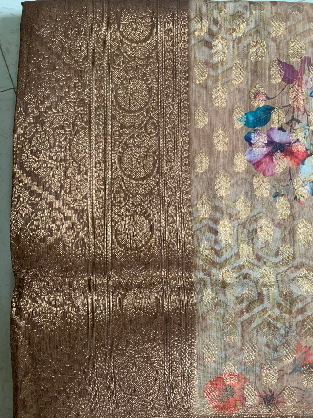 Brown Organza Designer Saree with Floral Print, Gold Motifs & Woven Border