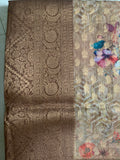 Brown Organza Designer Saree with Floral Print, Gold Motifs & Woven Border