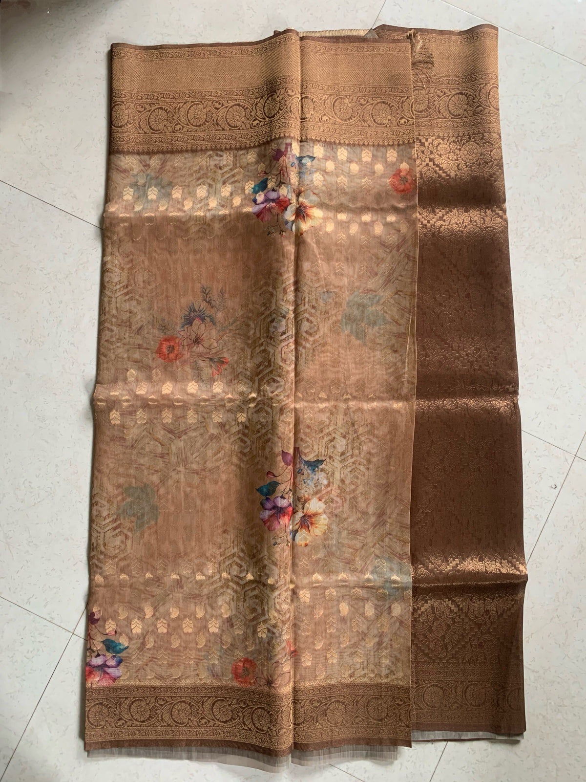 Brown Organza Designer Saree with Floral Print, Gold Motifs & Woven Border