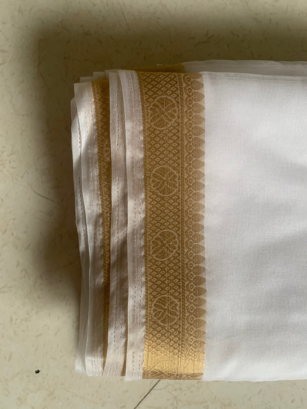 White Organza Saree with Traditional Gold Woven Border & Striped Pallu