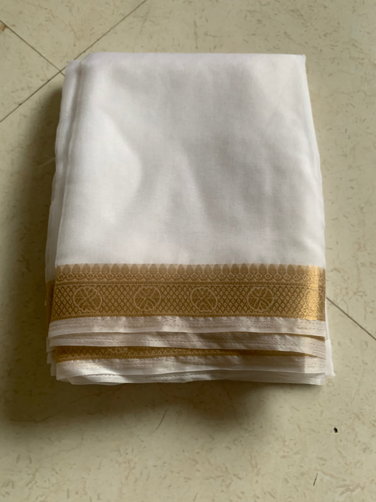 White Organza Saree with Traditional Gold Woven Border & Striped Pallu