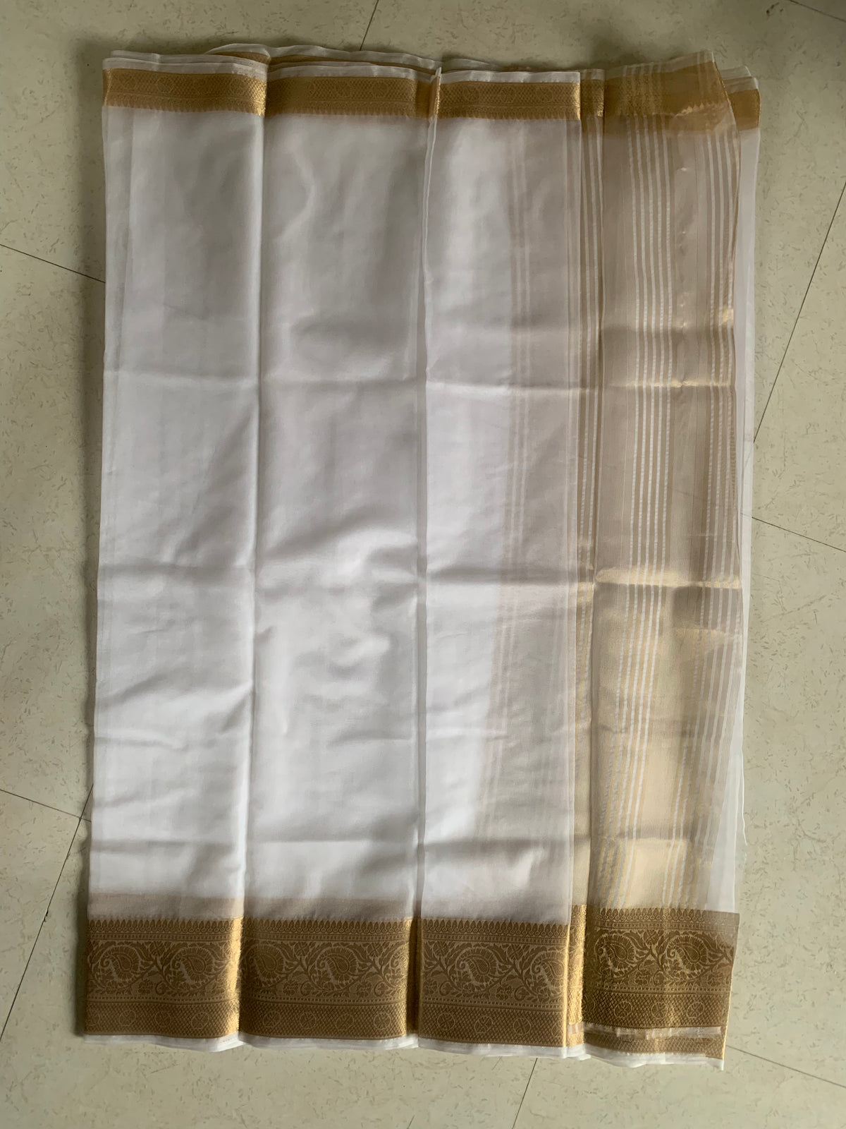 White Organza Saree with Traditional Gold Woven Border & Striped Pallu